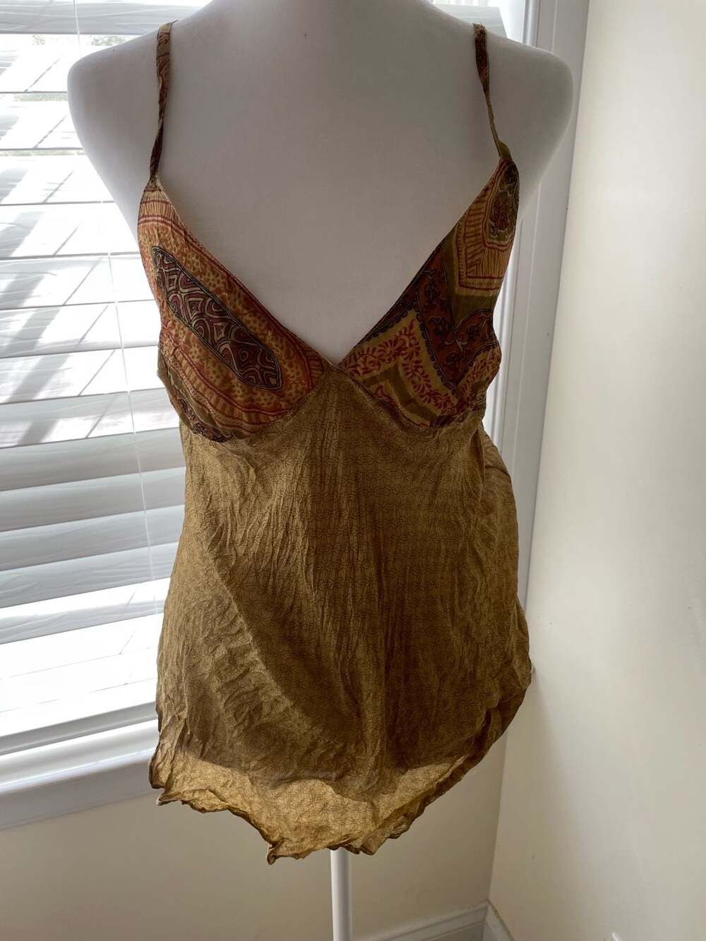 Boho Y2K Gold Silk Blend V-Neck Spaghetti Strap Smocked Camisole Top